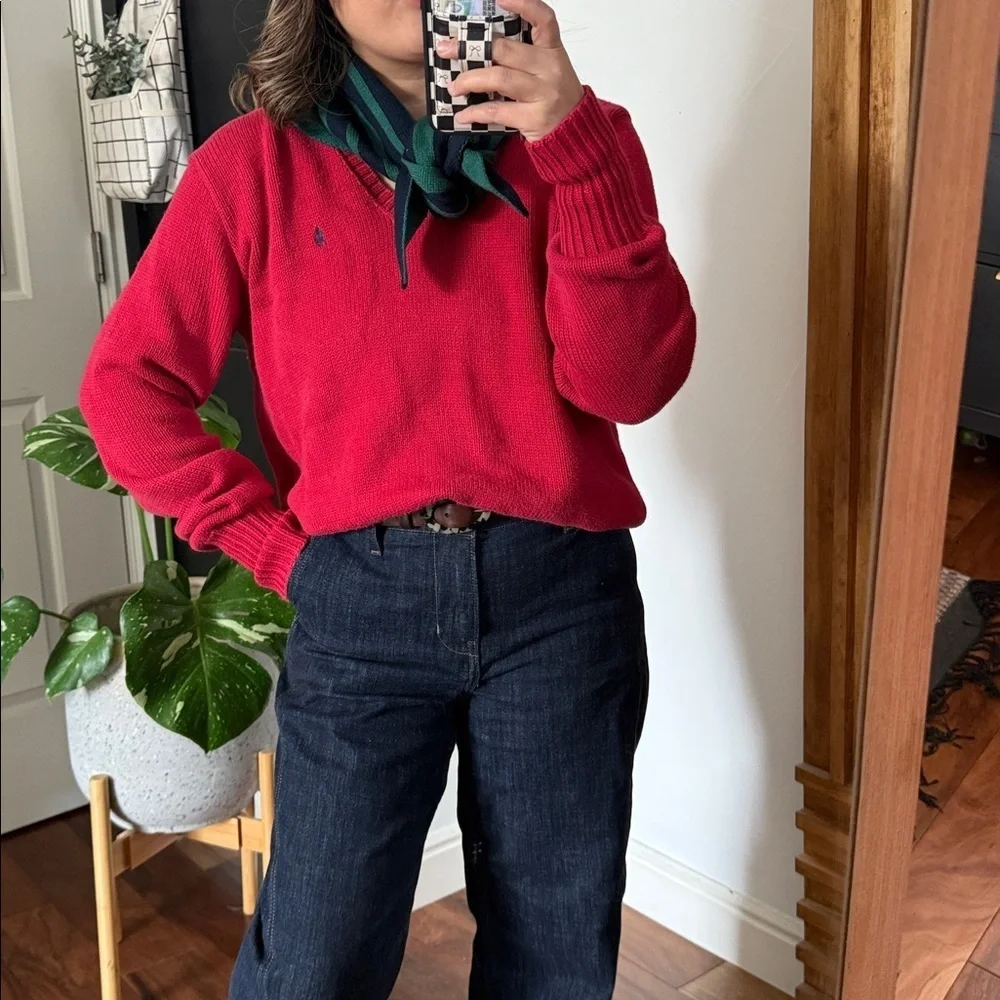 Vintage Polo Ralph Lauren Sport V neck Chunky Knit Pullover Sweater. M Unisex
